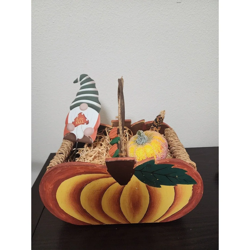 Rustic Wooden Pumpkin Basket Fall Decor with Gnome Stake and Faux Harvest Filler